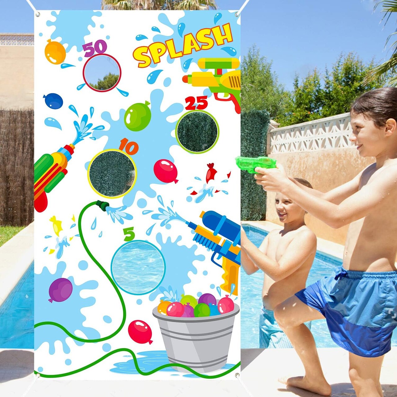 Toss Game Banner for Water Balloons, 4 Score Holes Shooter Target for Water Gun